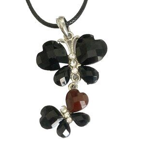 Vintage Black Acrylic Butterfly Necklace Pendant Silver Plated Jeweled Cut 18"